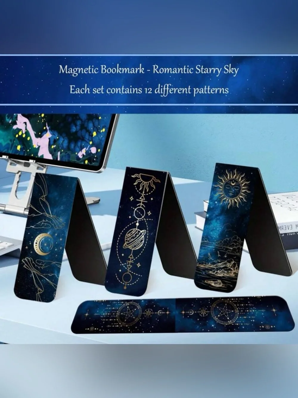 12 Mystic Night Sky Magnetic Bookmarks – Blue & Gold Celestial Moon Stars